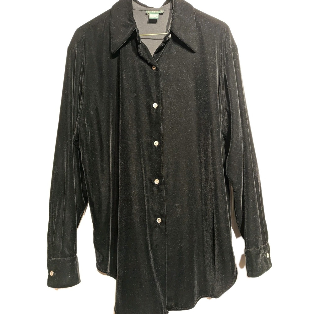 Vintage J.Crew Shirt Women M Black Velvet Button Front Long Sleeve Top Hong Kong